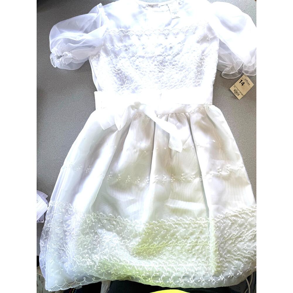 White Dress Girl size 14 JC Penny flower girl communion Christmas Easter eyelet